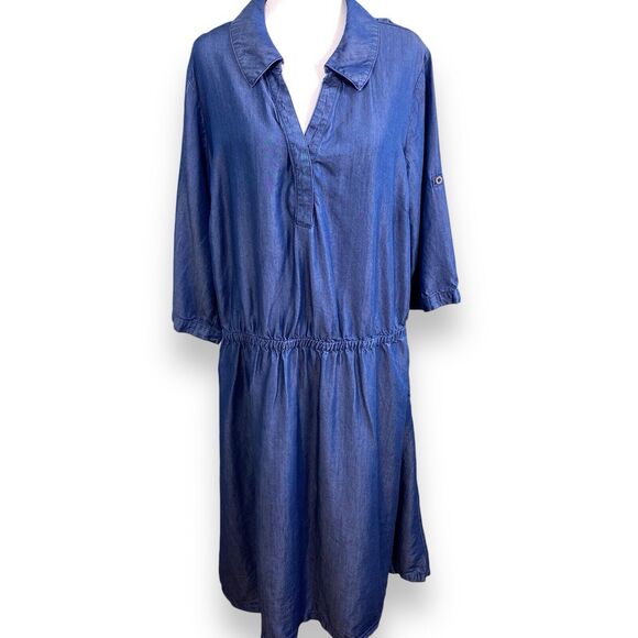 Jessica London Dress Womens 22 Blue Midi Chambray Pockets Elastic Roll Tab - Picture 1 of 12